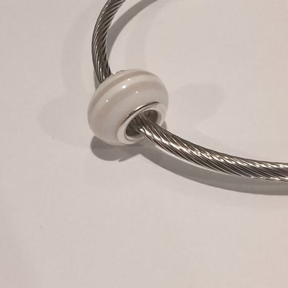 Silver Clear and White Striped‎ Charm for Pandora Style Bracelet - Picture 3 of 4